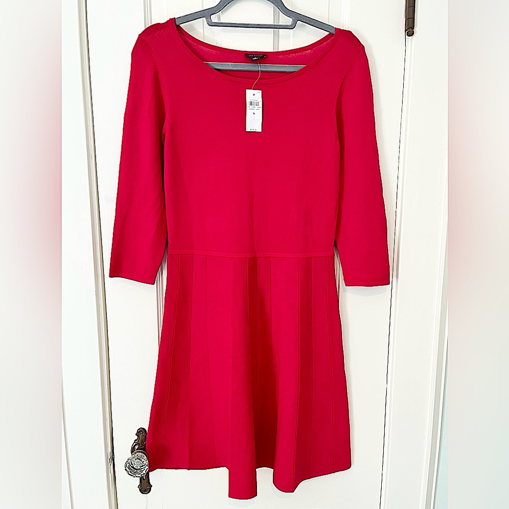 Ann Taylor Red Knit Pleated Dress 3/4 Length Sleeve | Size Small.